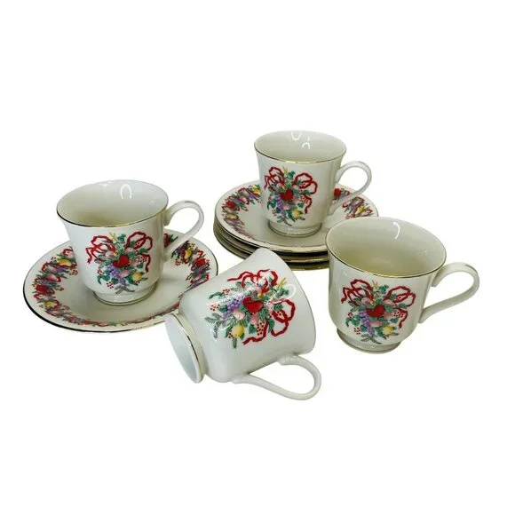 Elegant Vintage Fine China Tea Cup & Saucer Set of 4 Floral Ribbon Gold Trim